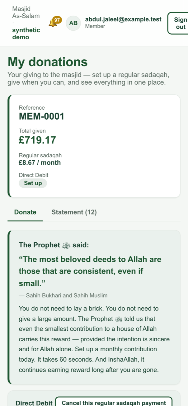 A member using the Masjid Amanah app to set up regular giving to their masjid